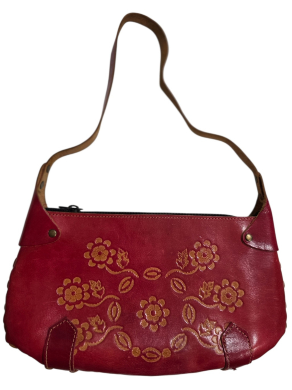 Women's Unbranded Red and Tan Floral Embossed Leather Shoulder Bag One Size
